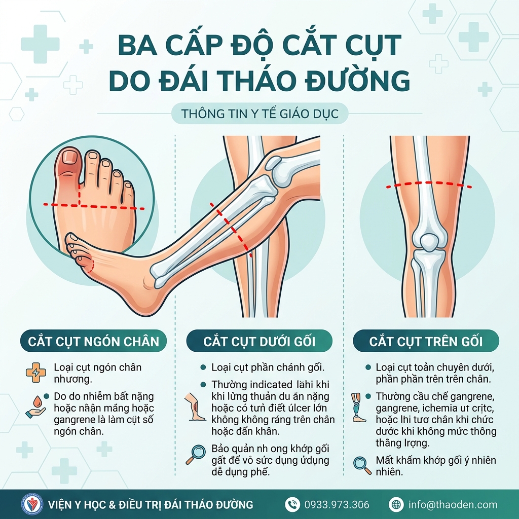 3 mức độ phẫu thuật cắt cụt ch&acirc;n tiểu đường: Ng&oacute;n ch&acirc;n, dưới đầu gối v&agrave; tr&ecirc;n đầu gối