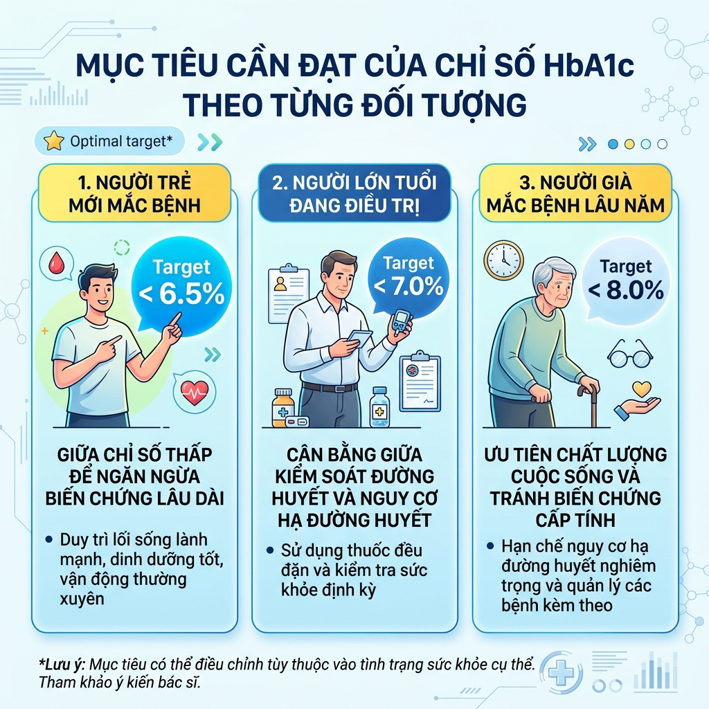 Mục ti&ecirc;u HbA1c cần đạt được ph&acirc;n chia theo độ tuổi v&agrave; t&igrave;nh trạng sức khỏe