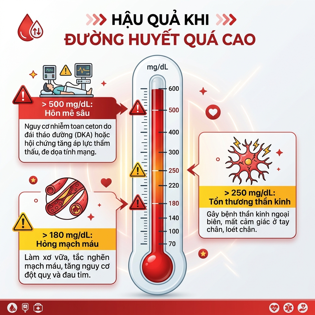 C&aacute;c hậu quả tương ứng với thắc mắc đường huyết cao bao nhi&ecirc;u nguy hiểm: 180, 250 v&agrave; 500 mg/dL