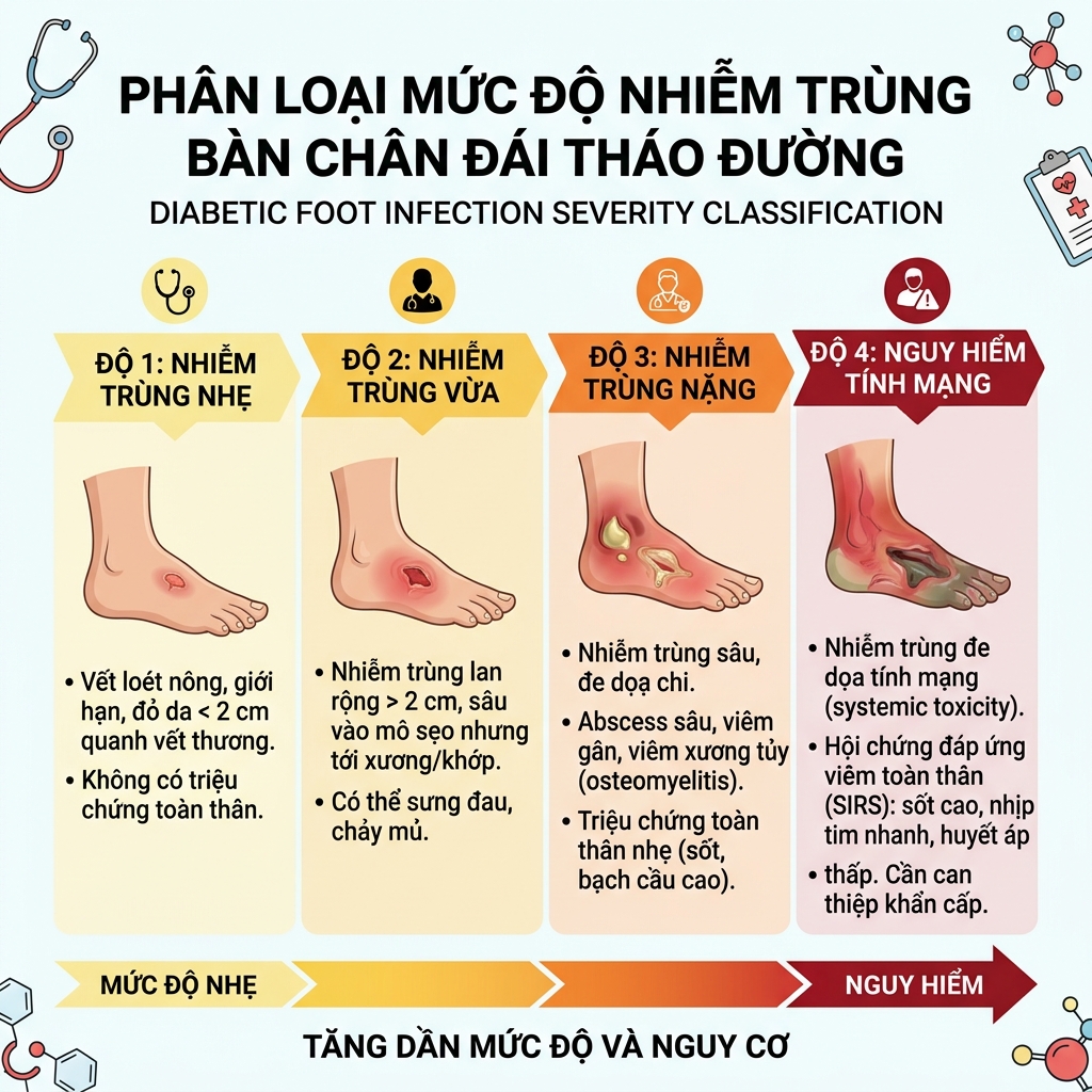 Ph&acirc;n loại 4 mức độ nhiễm tr&ugrave;ng b&agrave;n ch&acirc;n đ&aacute;i th&aacute;o đường theo hệ thống IDSA