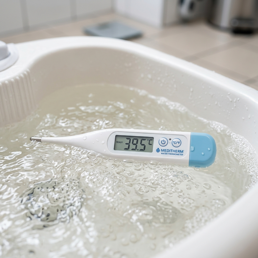 kiểm tra nhiệt độ nước ngâm chân bằng nhiệt kế cho người tiểu đường