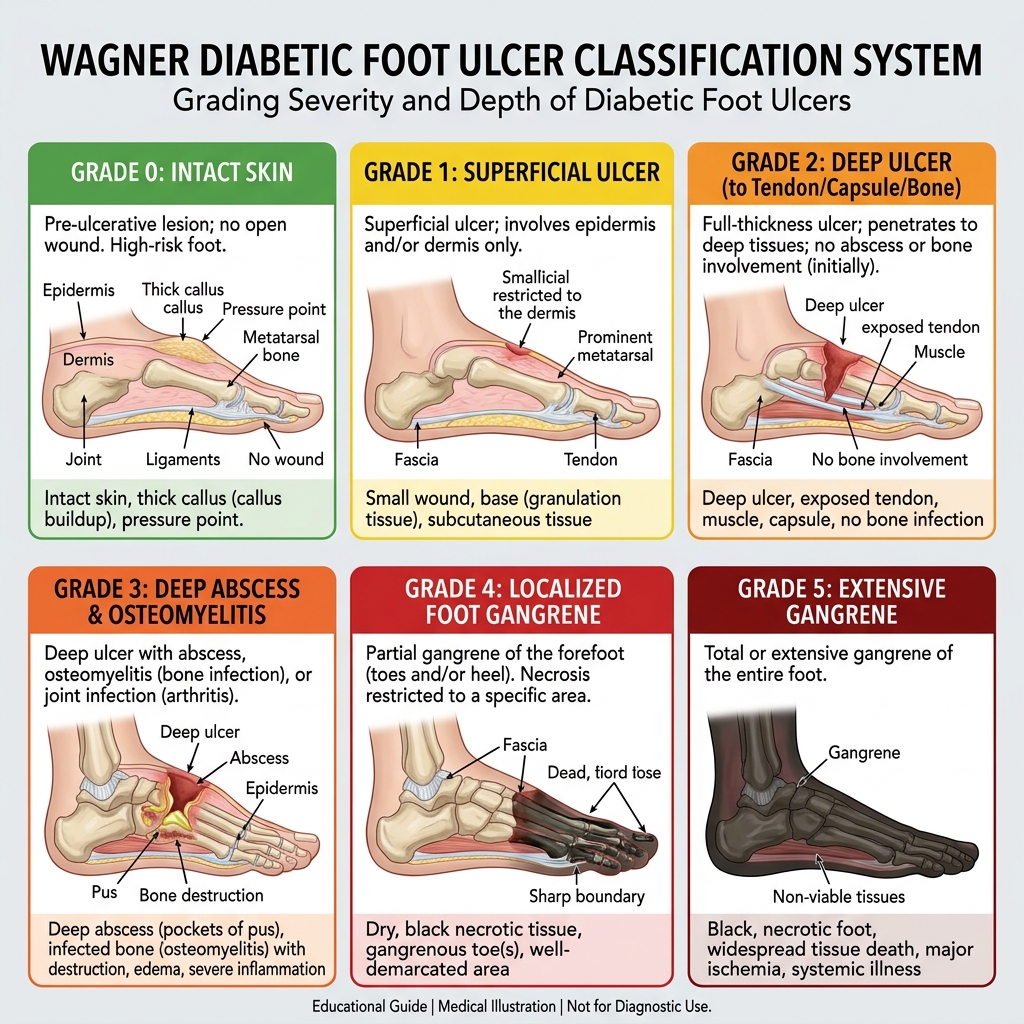 Bảng phân loại loét bàn chân Wagner 6 cấp độ cho bệnh nhân tiểu đường