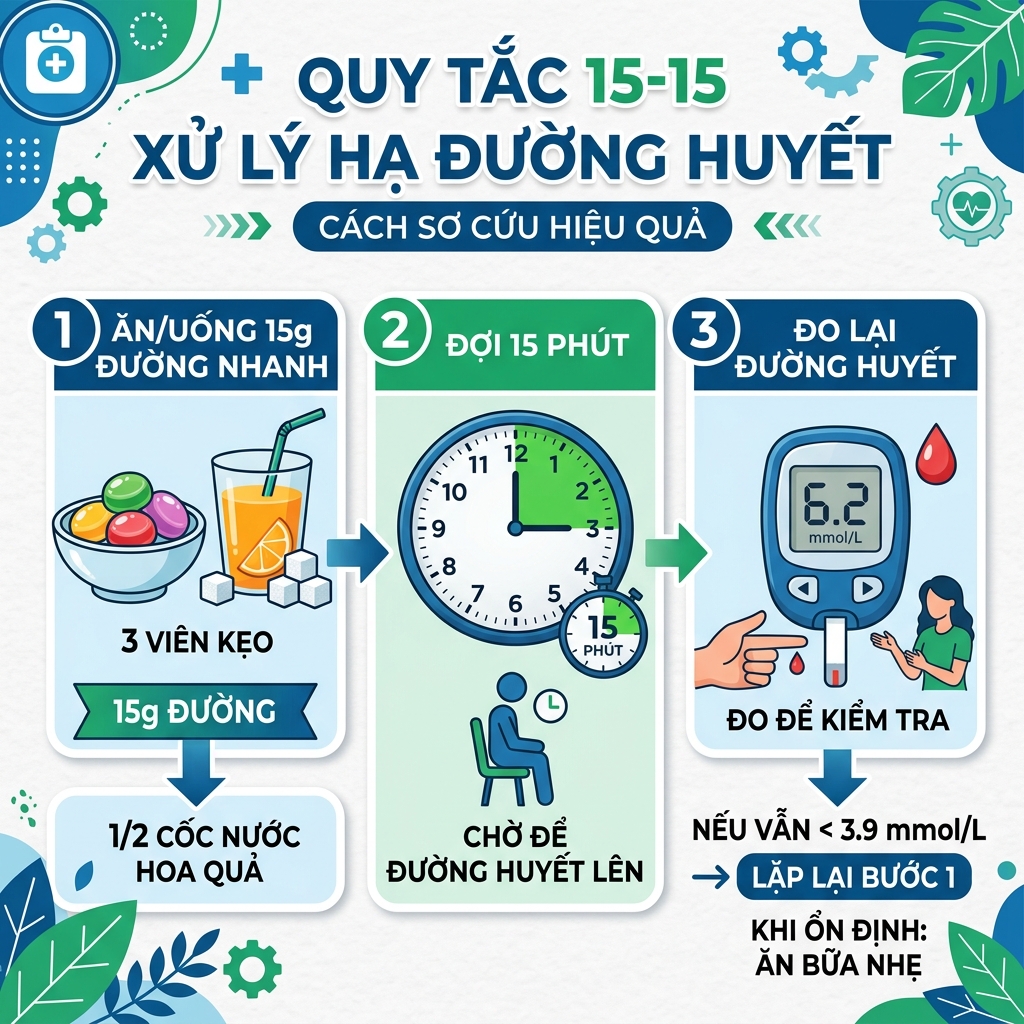 Quy tắc 15-15 l&agrave; ti&ecirc;u chuẩn v&agrave;ng để cấp cứu hạ đường huyết tại nh&agrave;