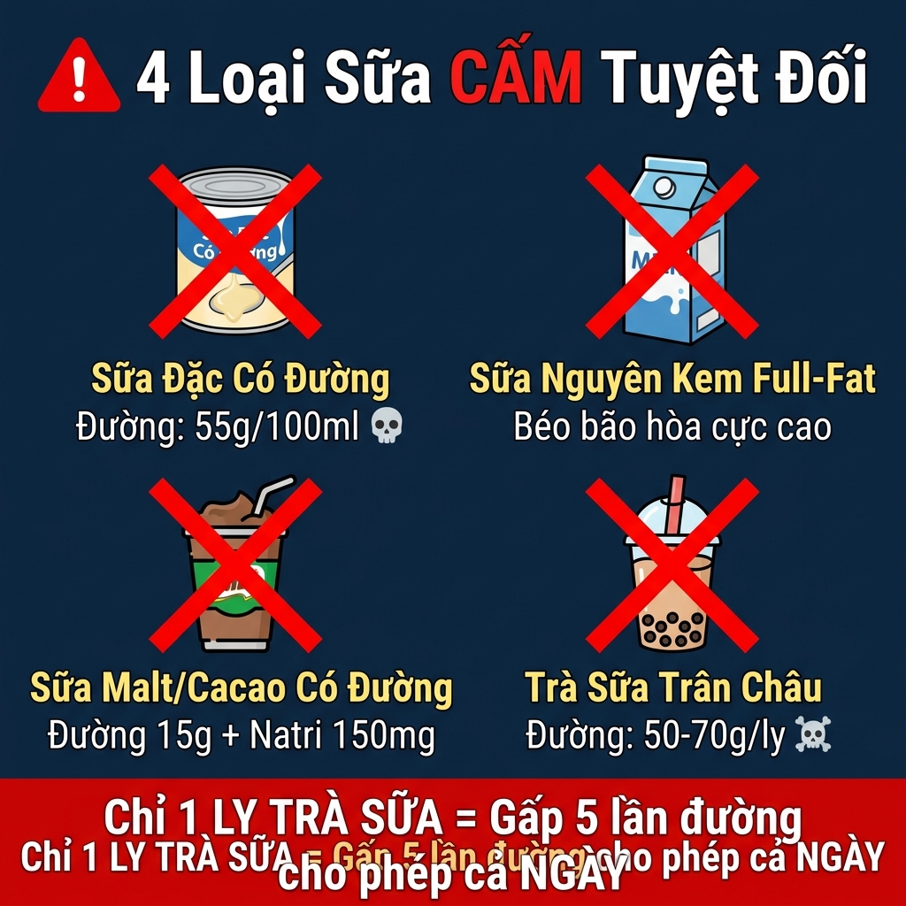 4 loại sữa cấm tuyệt đối cho người tiểu đường cao huyết &aacute;p: sữa đặc, nguy&ecirc;n kem, malt, tr&agrave; sữa