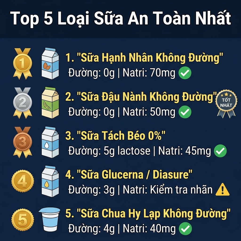 Top 5 loại sữa an to&agrave;n nhất cho người tiểu đường cao huyết &aacute;p với bảng so s&aacute;nh đường v&agrave; natri