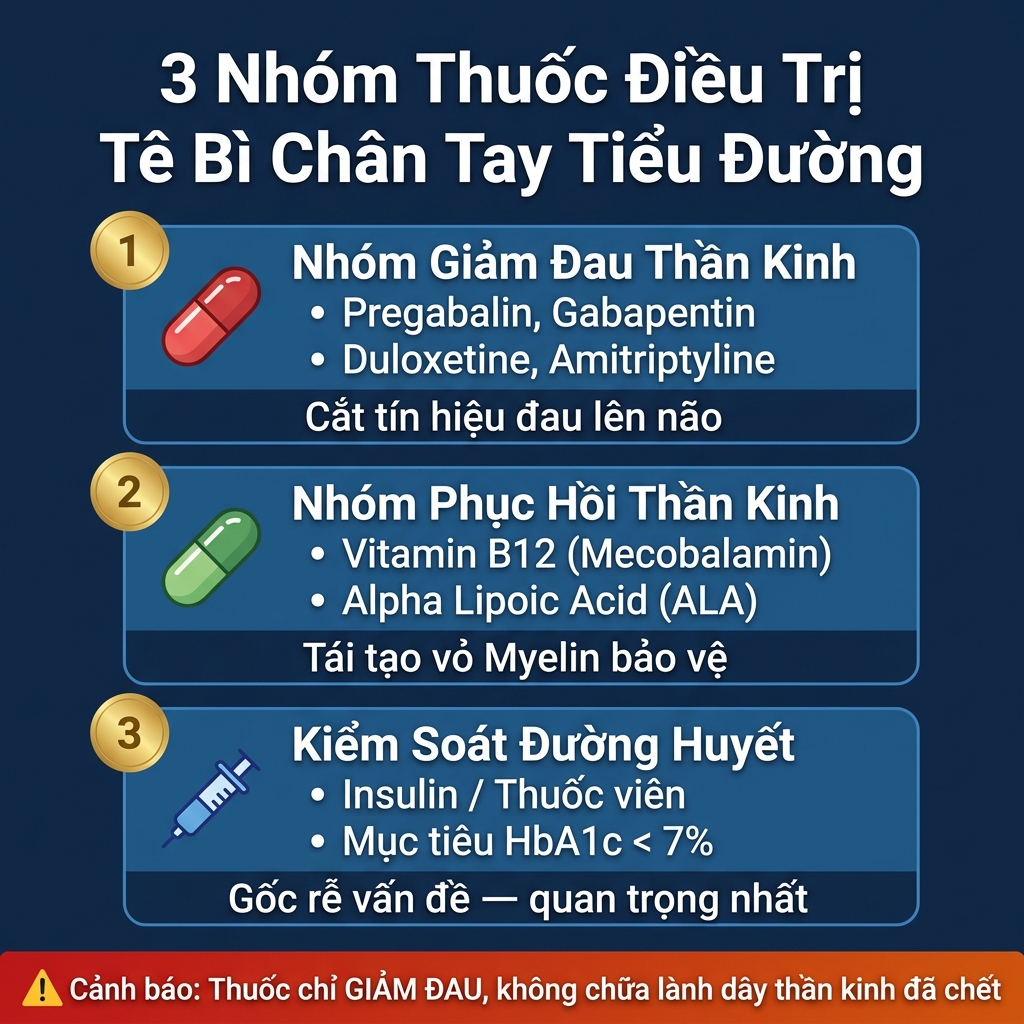Infographic c&aacute;c loại thuốc điều trị t&ecirc; b&igrave; ch&acirc;n tay tiểu đường