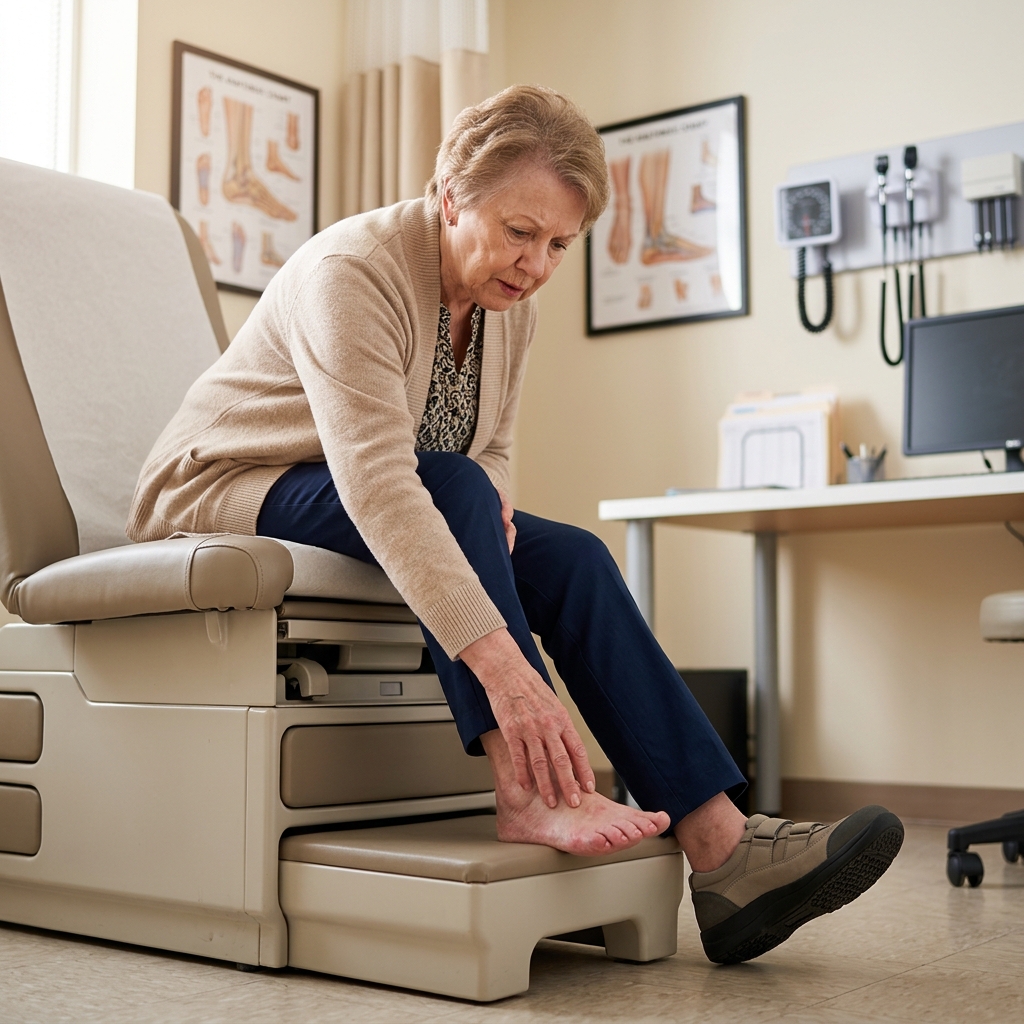 Người cao tuổi kiểm tra dấu hiệu tê bì bàn chân tiểu đường mất cảm giác