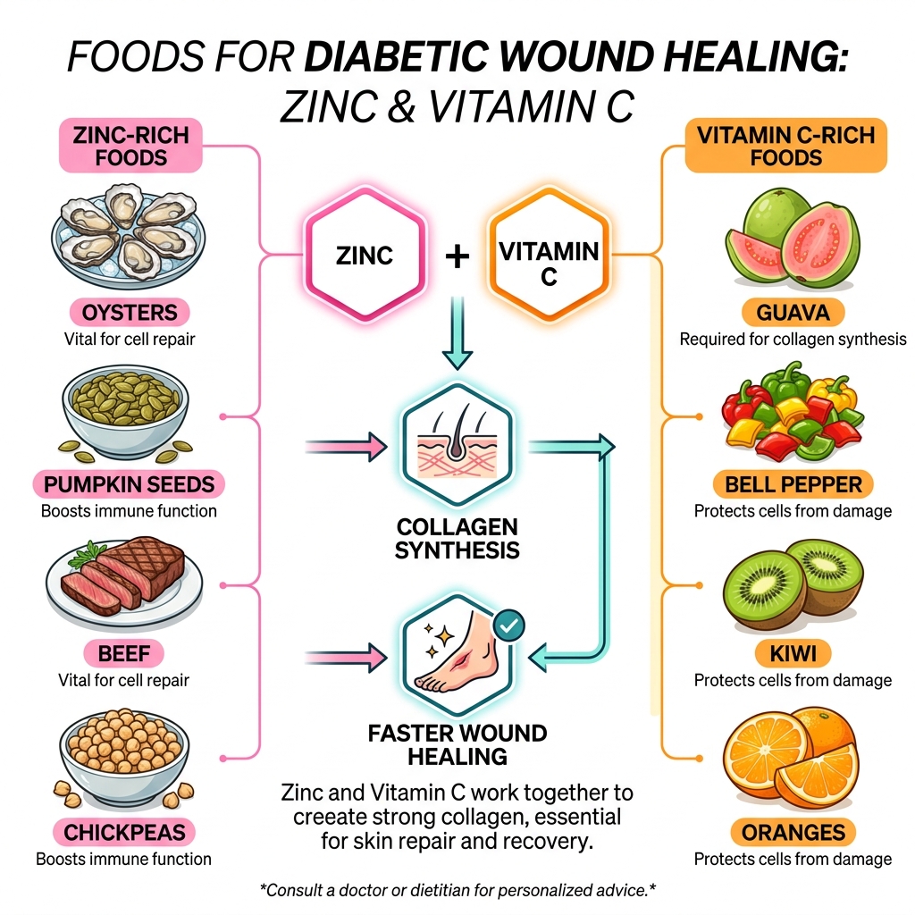 Infographic thực phẩm giàu kẽm vitamin C chế độ ăn lành vết thương tiểu đường