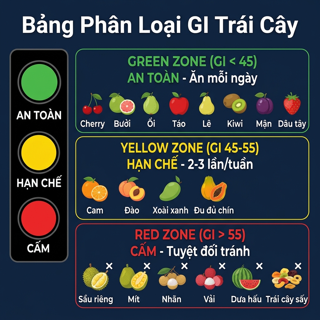 Bảng phân loại GI trái cây theo 3 vùng: An toàn, Hạn chế, Cấm