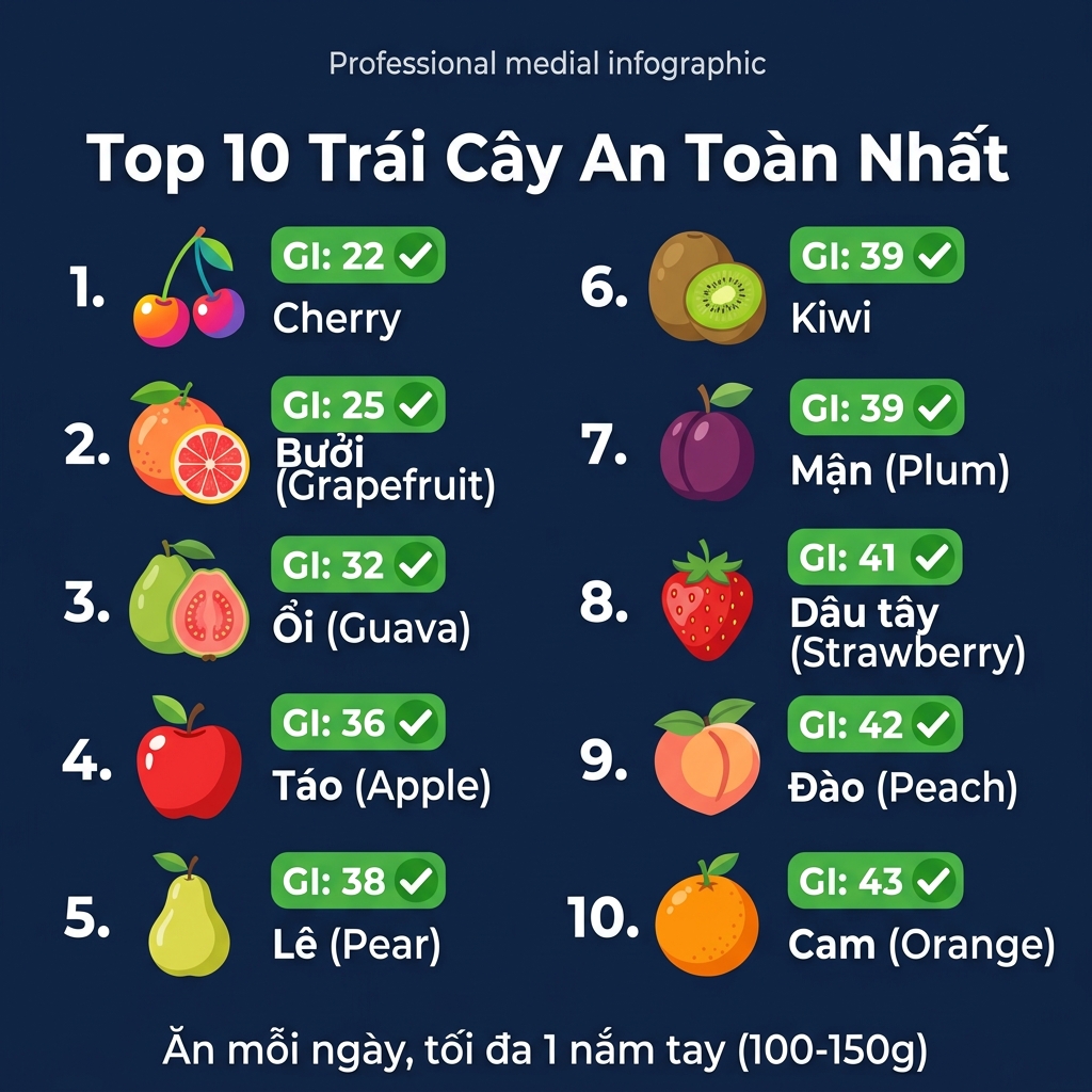 Bảng so sánh chỉ số GI 10 loại trái cây an toàn cho người tiểu đường