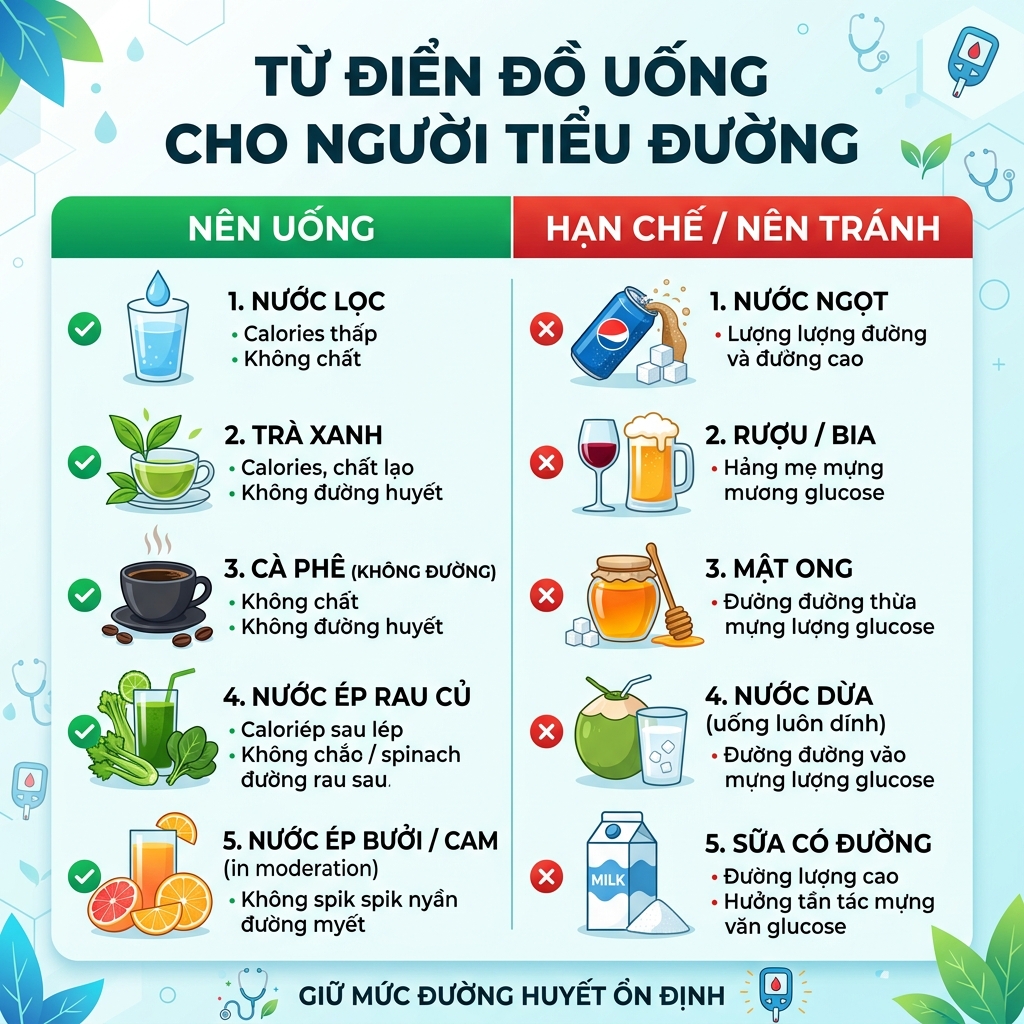 Từ điển đồ uống tiểu đường c&oacute; uống được kh&ocirc;ng: Ph&acirc;n loại n&ecirc;n uống v&agrave; cấm kỵ
