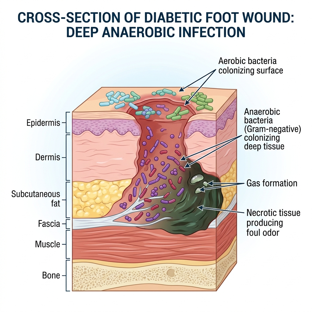 Sơ đồ vi khuẩn yếm khí gây hoại tử mô sâu trong bàn chân tiểu đường