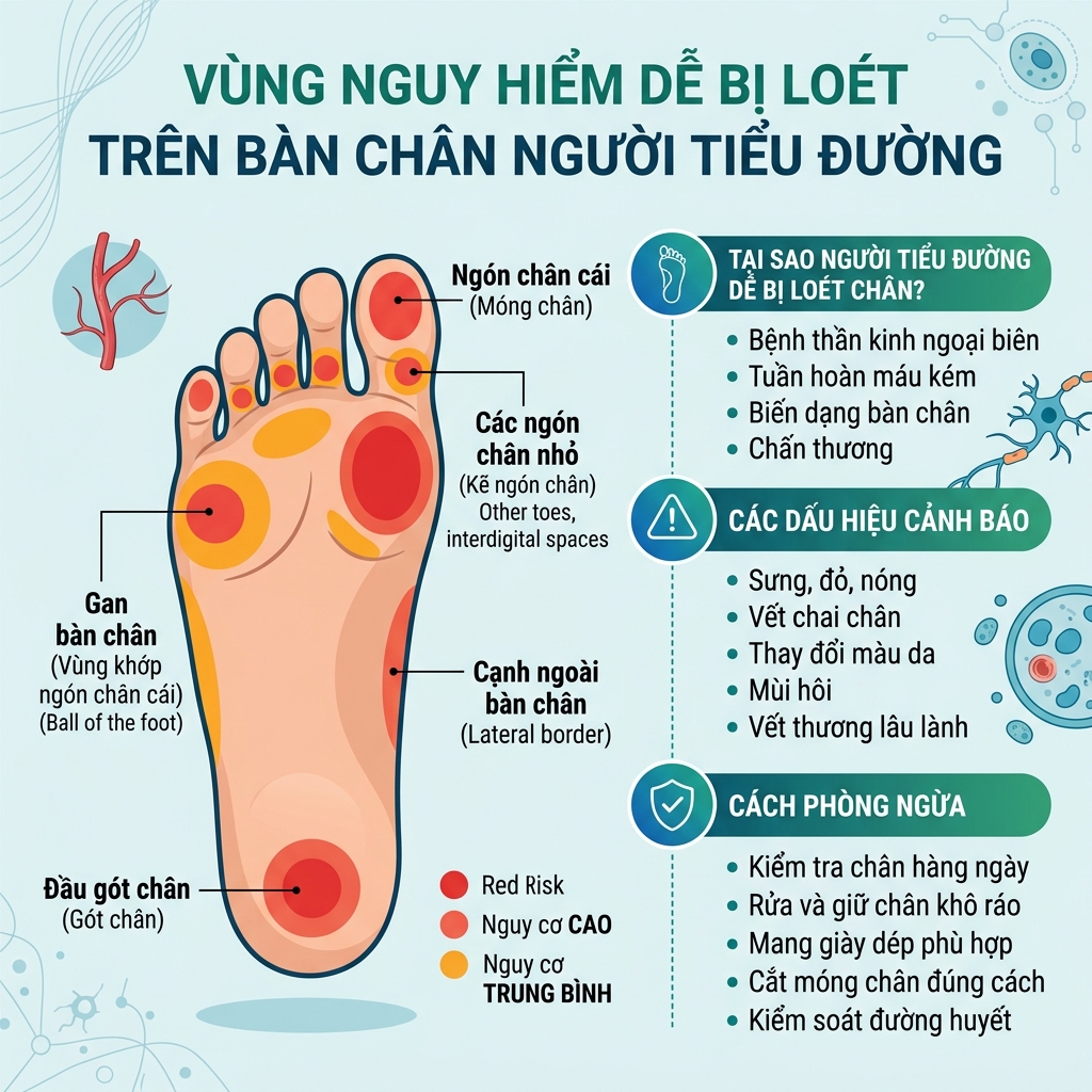 Sơ đồ c&aacute;c v&ugrave;ng &aacute;p lực dễ bị lo&eacute;t nhất tr&ecirc;n b&agrave;n ch&acirc;n người tiểu đường